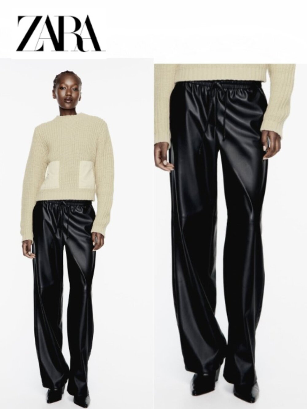 New Faux Leather look satiny Black wide leg Pants Large